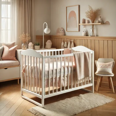 DALL·E 2025-02-26 12.30.20 - A Scandinavian-style nursery featuring a white cradle with children's bedding. The bedding has soft pastel colors and subtle patterns, complementing t