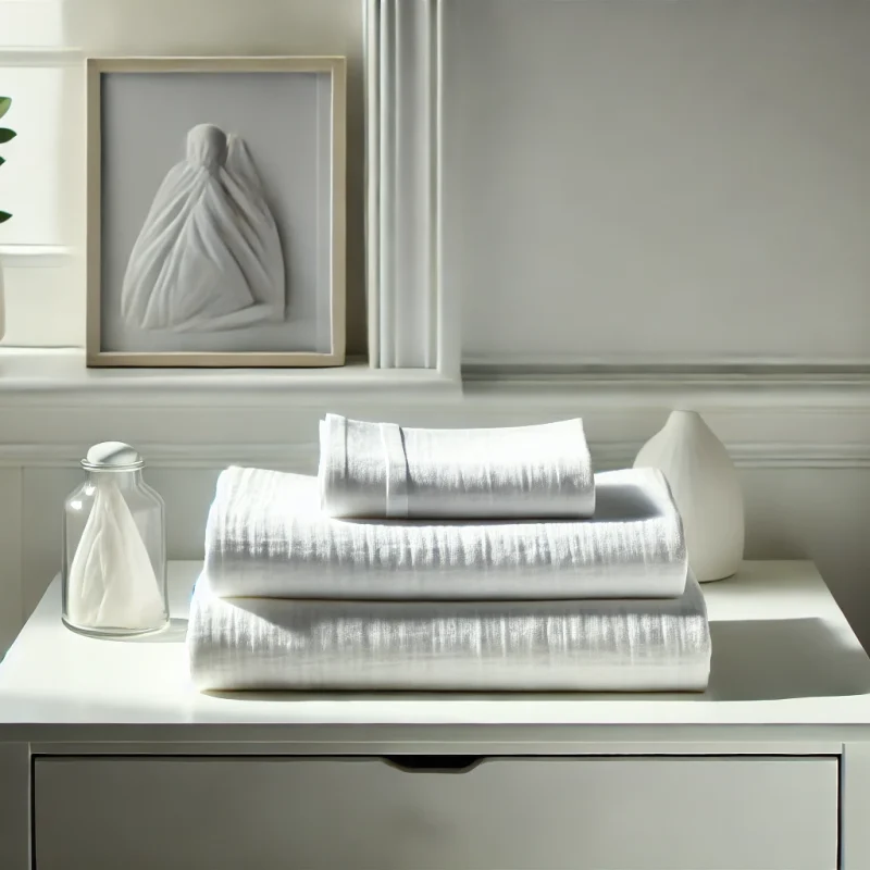 DALL·E 2025-03-05 13.52.21 – A neatly folded white muslin bedding set placed on a sleek white dresser. The soft fabric has a delicate, airy texture, and the scene is illuminated b DALL·E 2025-03-05 13.52.21 - A neatly folded white muslin bedding set placed on a sleek white dresser. The soft fabric has a delicate, airy texture, and the scene is illuminated b