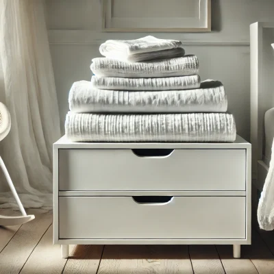 DALL·E 2025-03-05 13.53.00 - A neatly folded white muslin bedding set placed on a modern white dresser. The soft, airy fabric is carefully arranged, showcasing its delicate textur