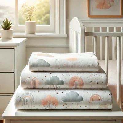 DALL·E 2025-03-05 14.13.25 - A neatly folded white bedding set with pastel patterns placed on a white dresser next to a baby's crib. The bedding is made of soft, high-quality fabr
